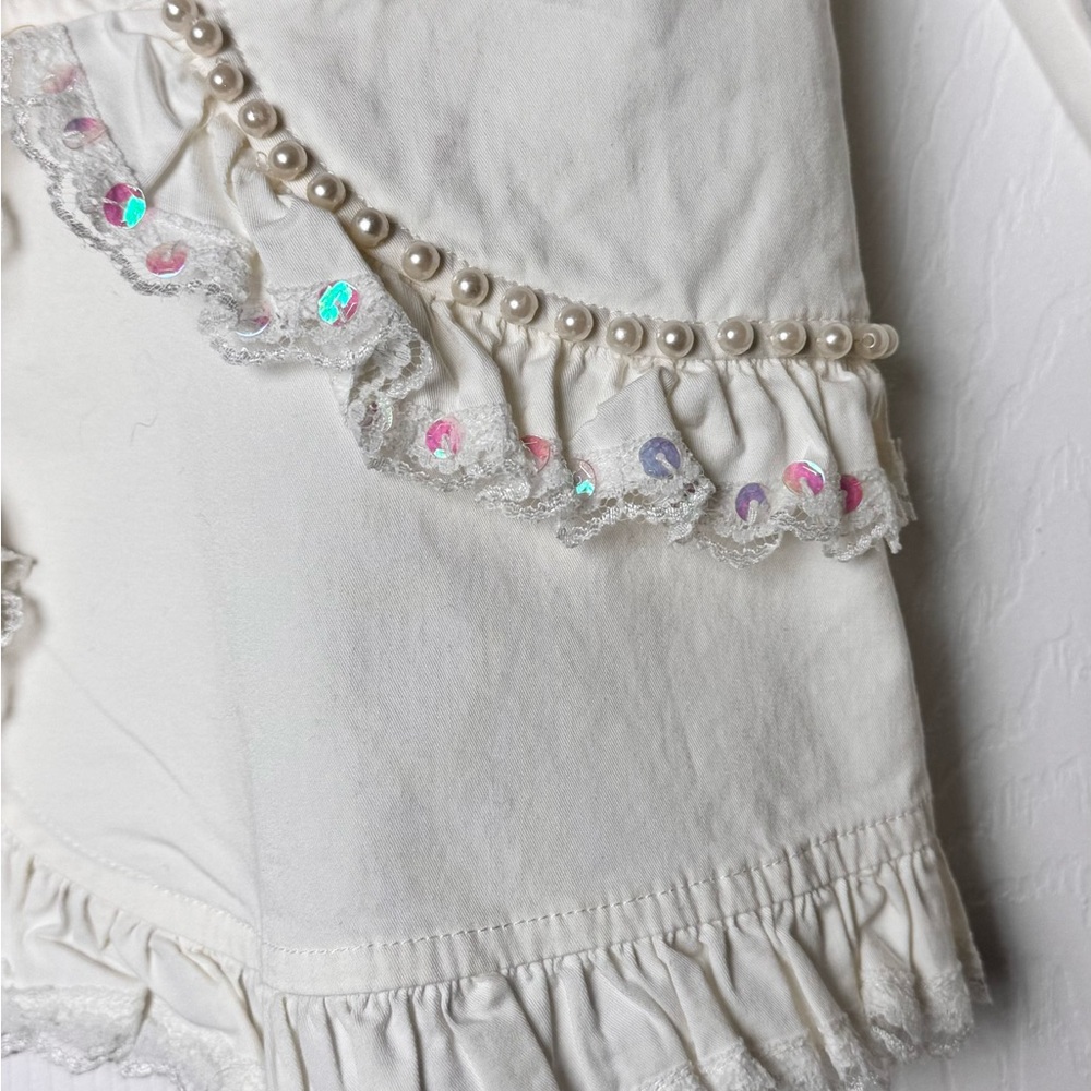 Kelly USA Vintage Ivory Pearl Trim Ruffle Blazer Cottagecore Jacket Size Medium - Picture 6 of 13
